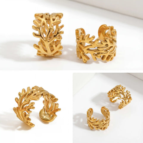 Aesthetic product photography collage of gold organic branch ear cuffs details.