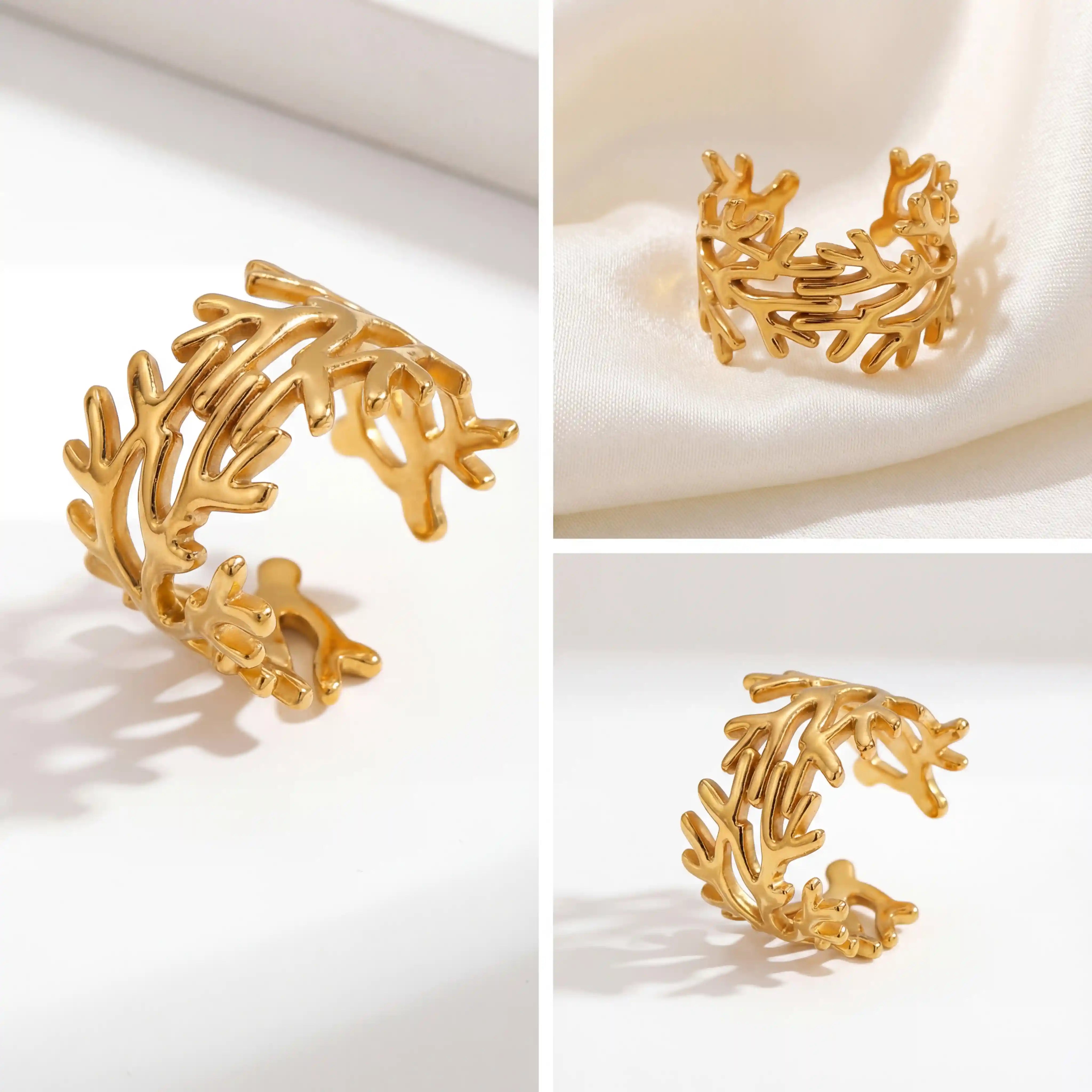Aesthetic flat lay of gold coral ring waterproof statement jewelry for women.