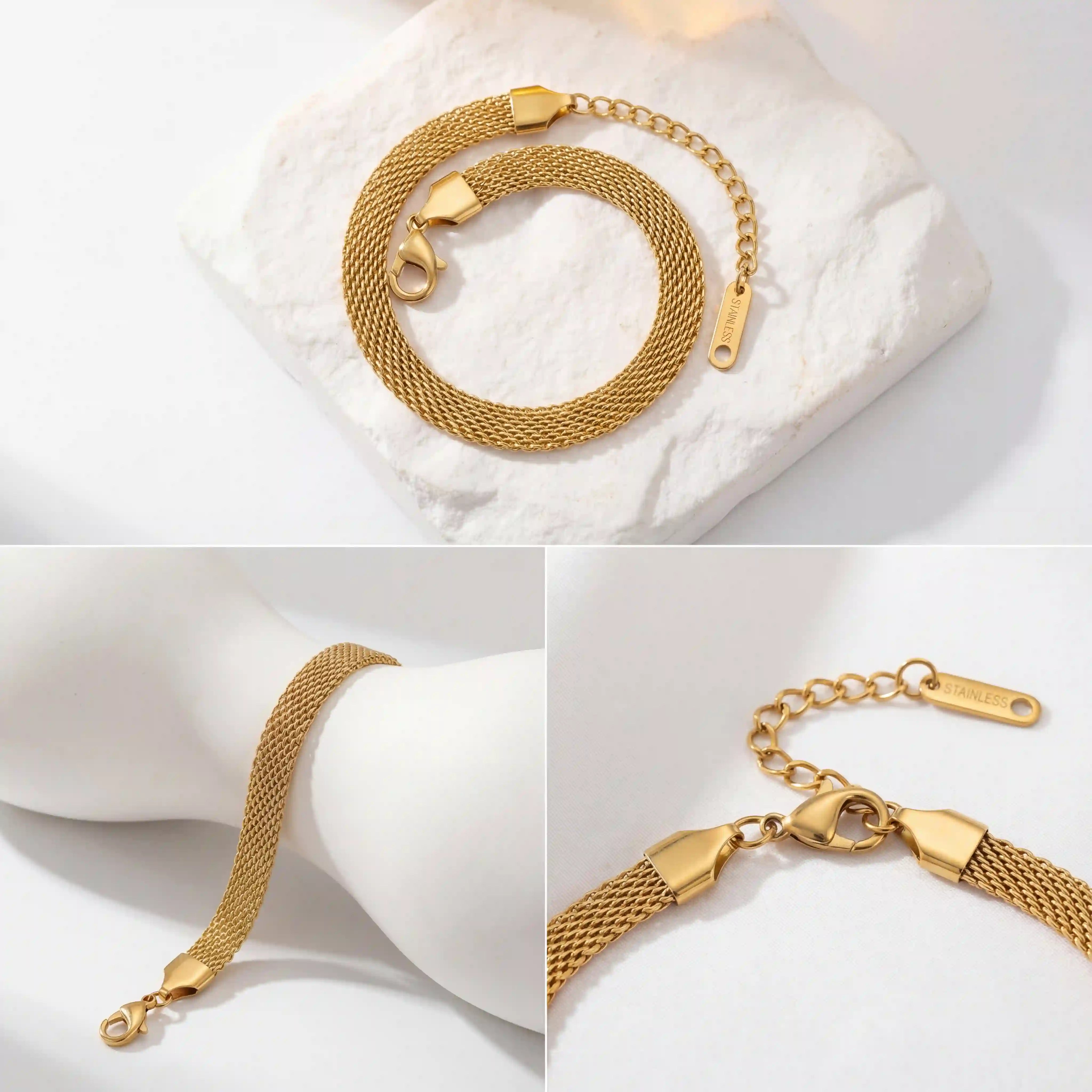 Detail photography of gold mesh bracelet clasp and texture waterproof jewelry.