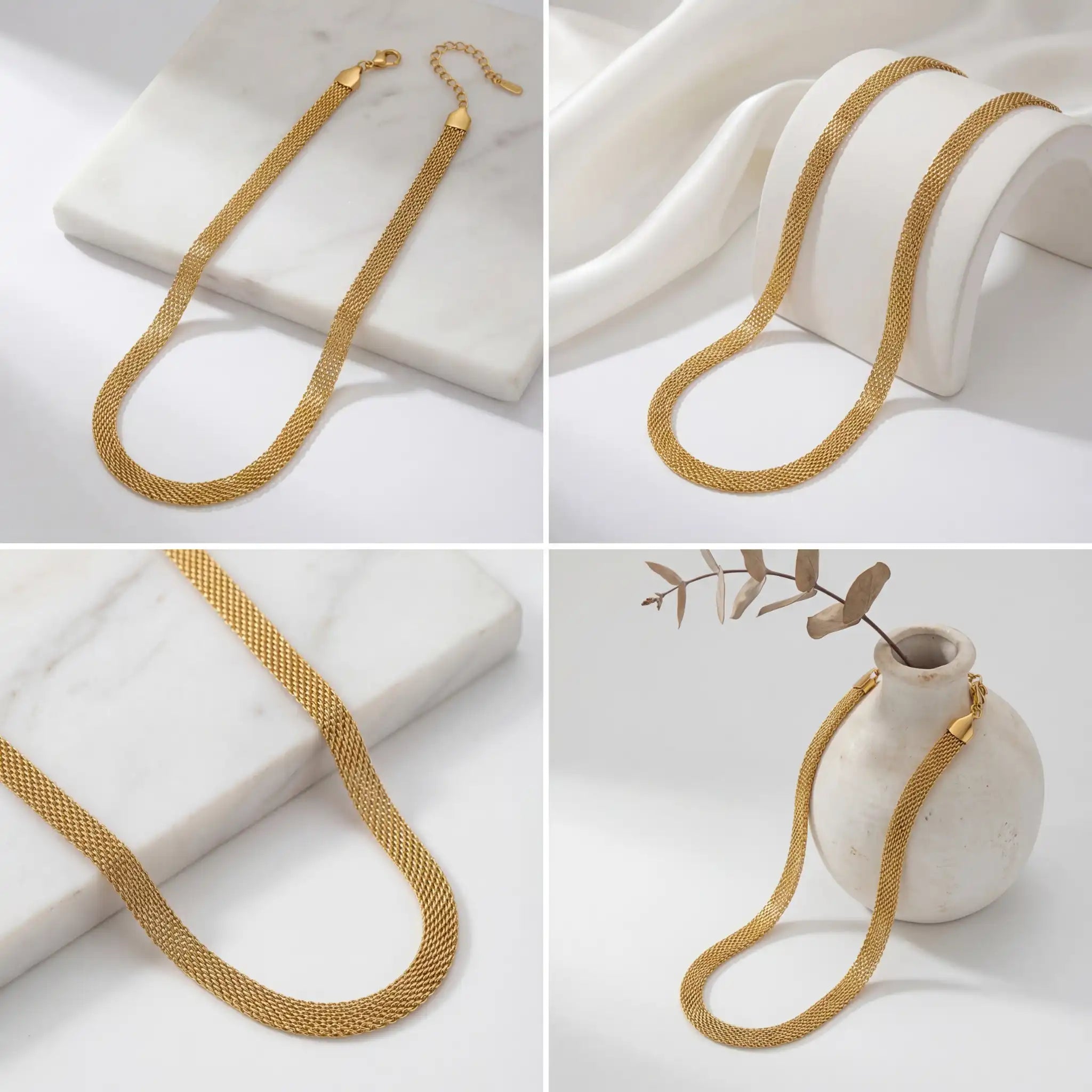 Aesthetic flat lay collage of gold woven mesh necklace waterproof jewelry.