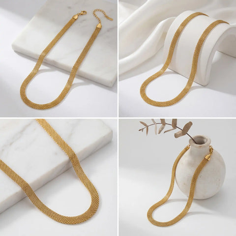 Aesthetic flat lay collage of gold woven mesh necklace waterproof jewelry.