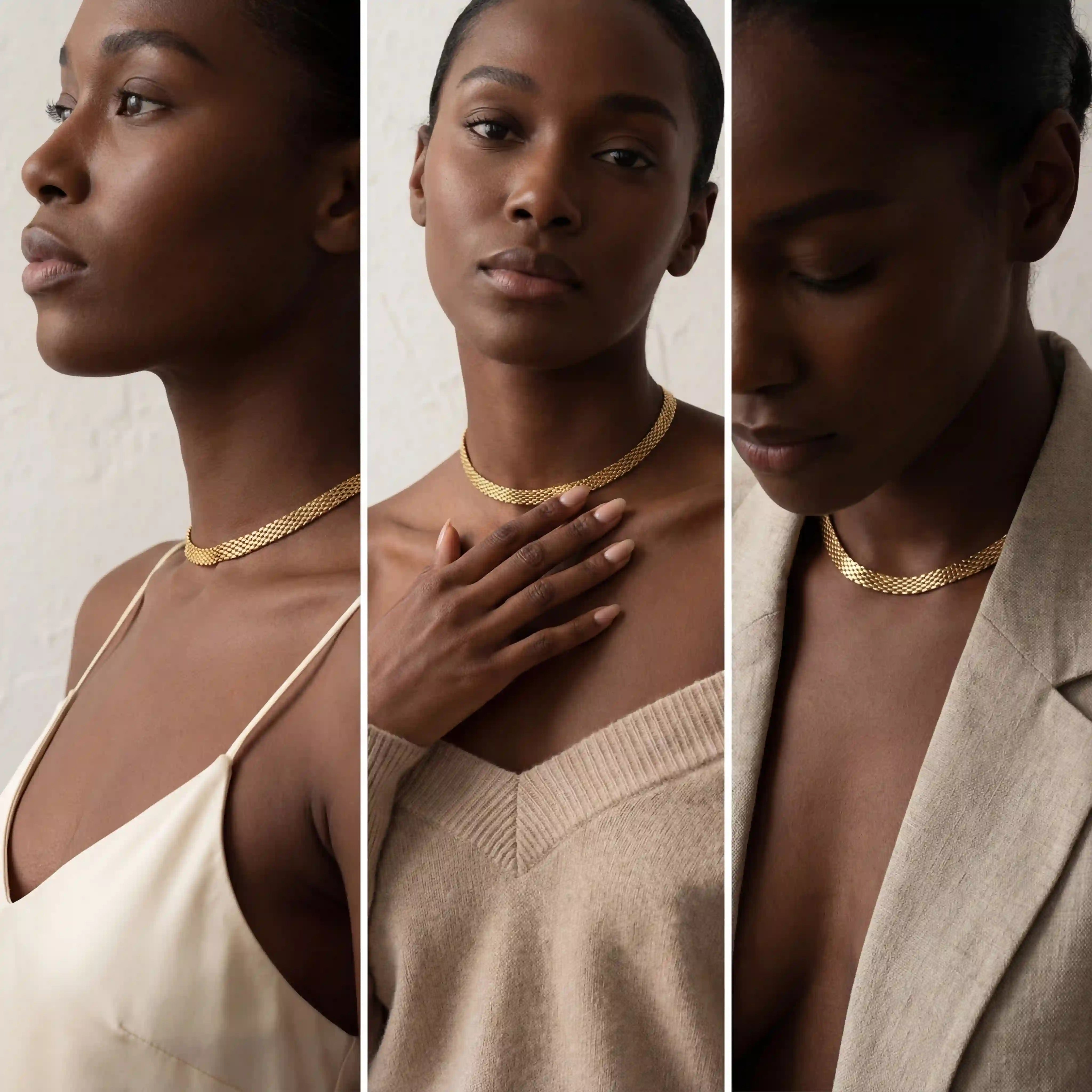 Model with dark skin wearing gold mesh necklace styled with blazer and top.