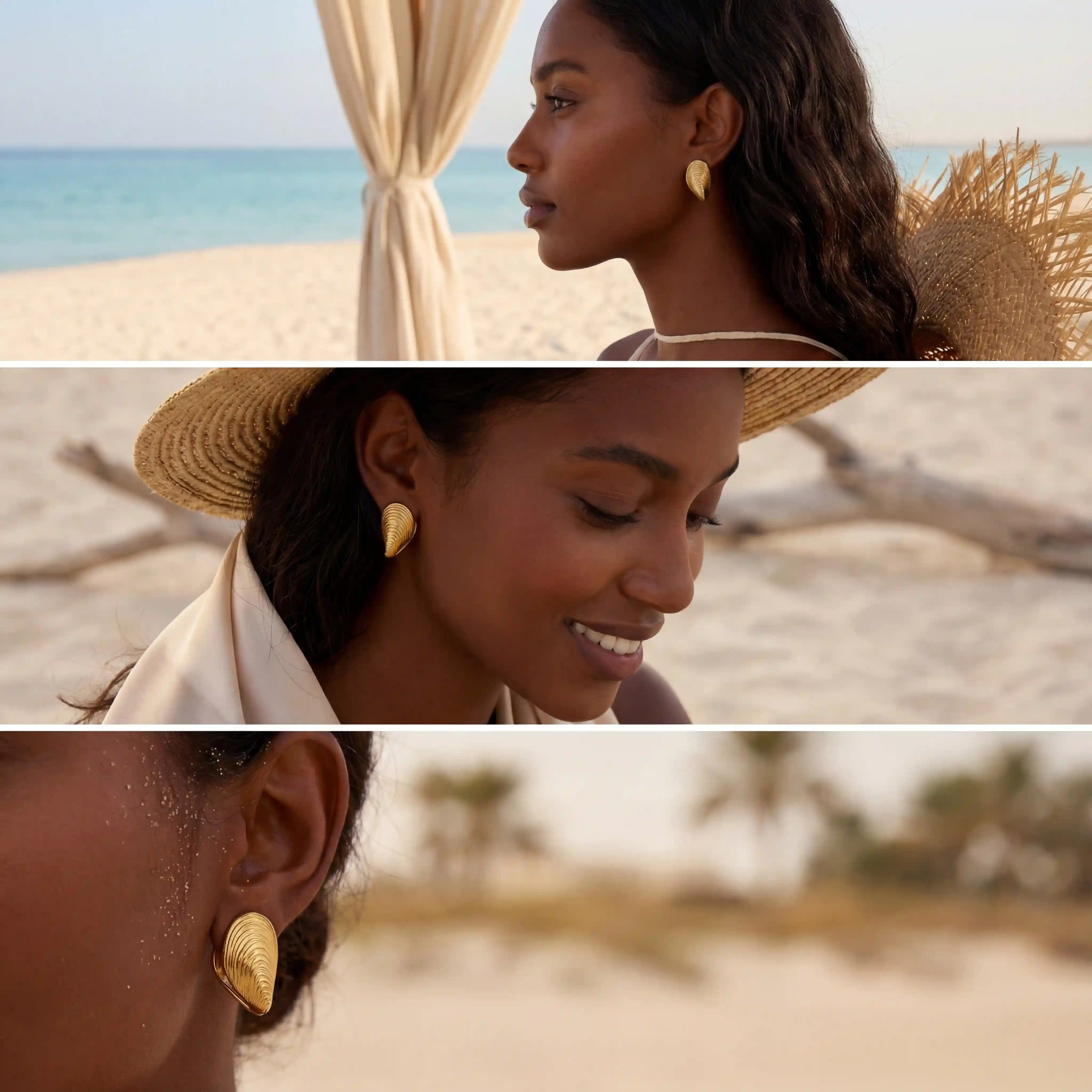 Dark skin model wearing gold shell studs with straw hat vacation resort style.