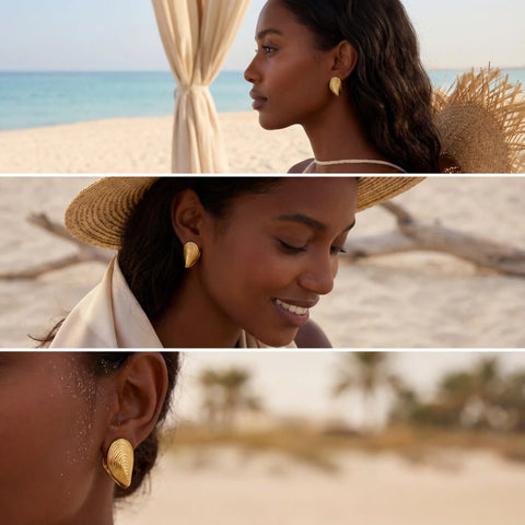Dark skin model wearing gold shell studs with straw hat vacation resort style.