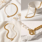 Aesthetic product photography of pearl and chain toggle necklace on white stone.