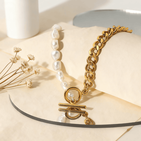 Harmony Pearl Chain Necklace — delicate pearl chain necklace on neutral background, elegant and timeless.