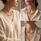 Lifestyle photography collage of woman wearing half and half pearl gold necklace trendy look.