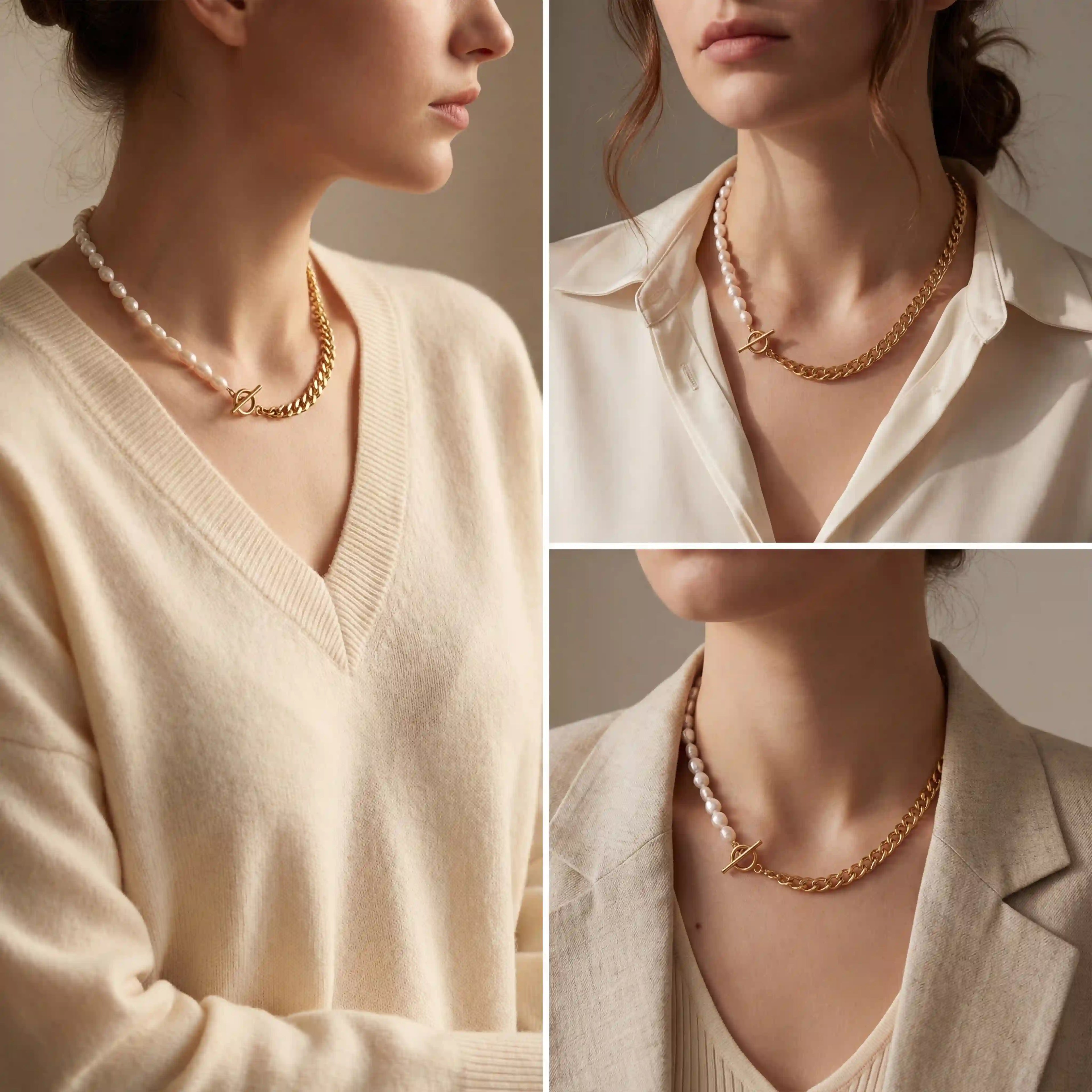 Lifestyle photography collage of woman wearing half and half pearl gold necklace trendy look.