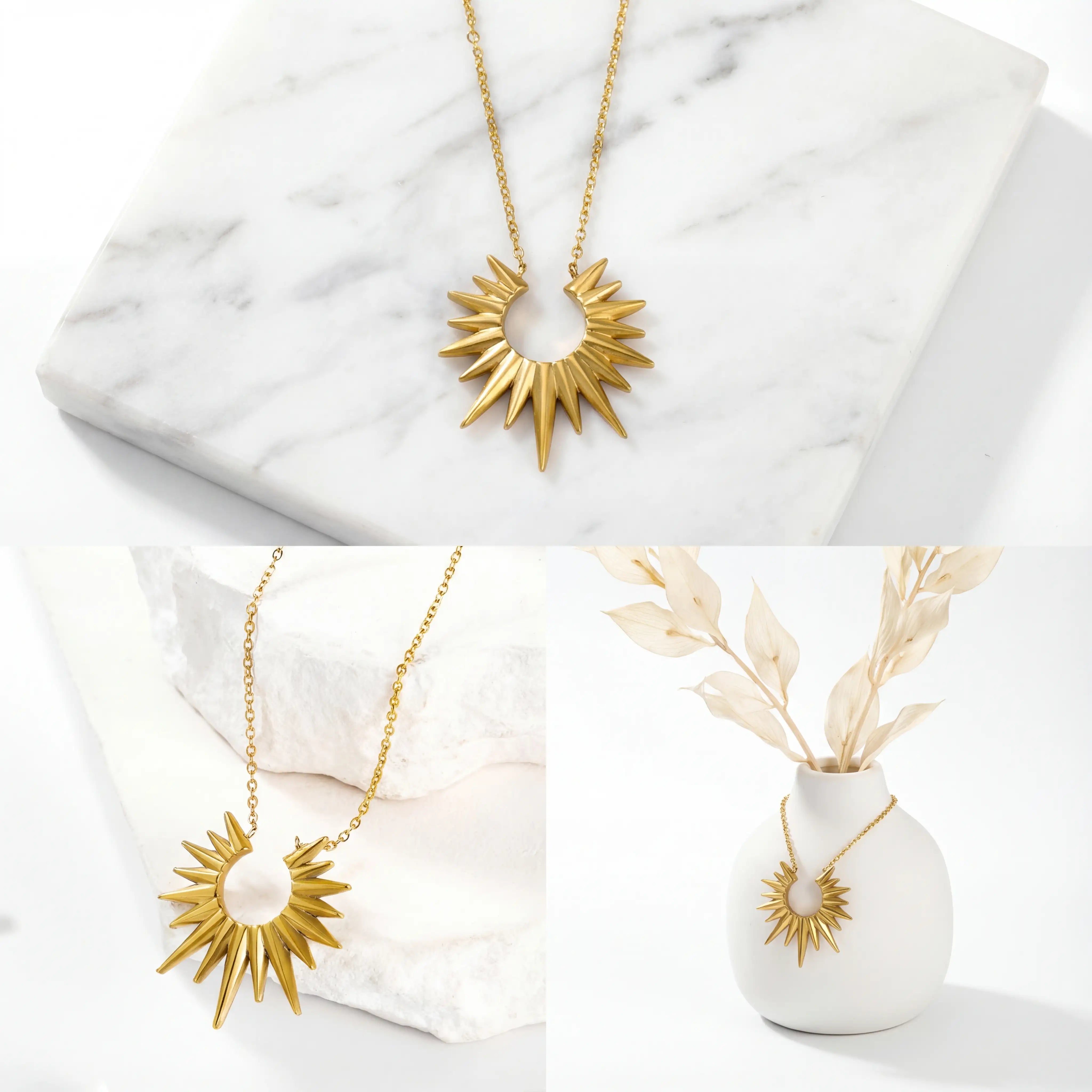 Aesthetic product photography collage of celestial gold sun necklace on marble.