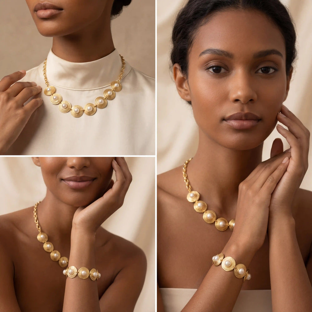 A model showcasing the complete royal set, wearing both The Hera Bracelet and the matching Hera Necklace for a powerful, coordinated statement.
