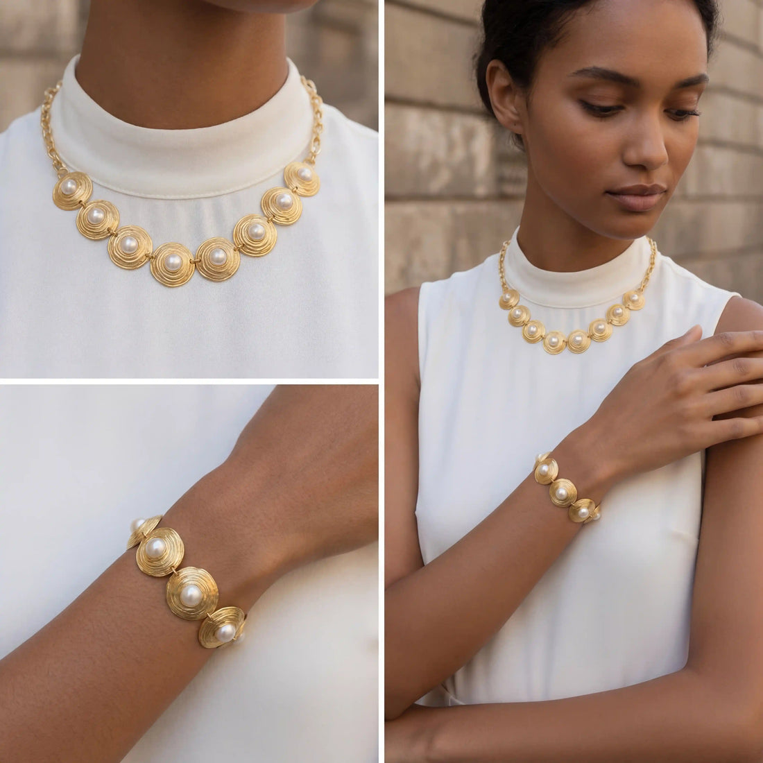 Full look of a model wearing The Hera Necklace and Bracelet set with a modern white top, embodying the ultimate queenly aesthetic of the Luminova Jewelry collection.