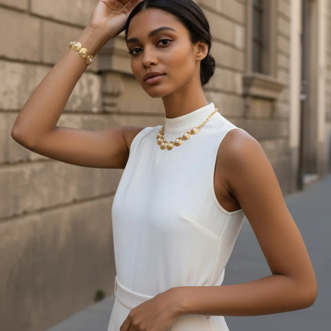 Full look of a model wearing The Hera Necklace and Bracelet set with a modern white top, embodying the ultimate queenly aesthetic of the Luminova Jewelry collection.