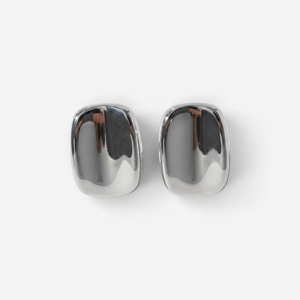 Silver stainless steel domed rectangular stud earrings modern design.