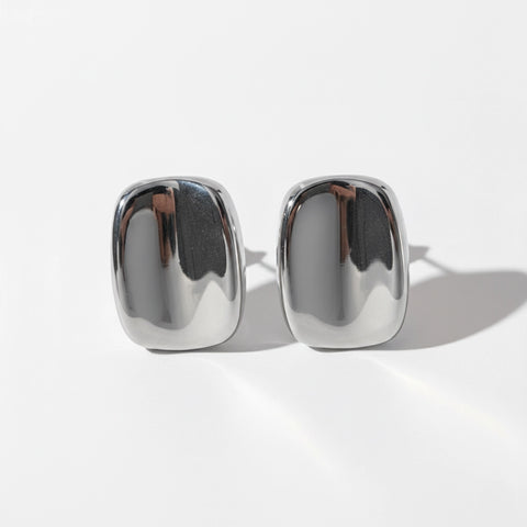 Silver stainless steel domed rectangular stud earrings modern design.