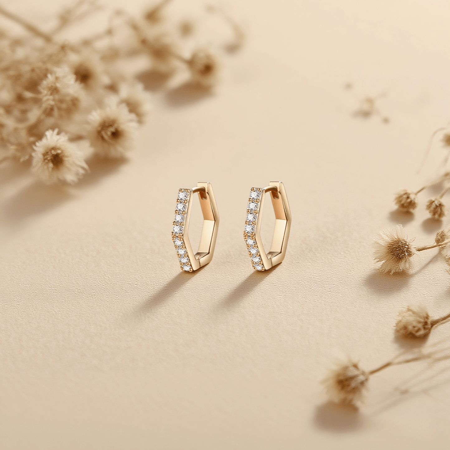 Hexa Halo Moissanite Earrings — halo studs with hexagon frame, moissanite sparkle, geometric elegance.