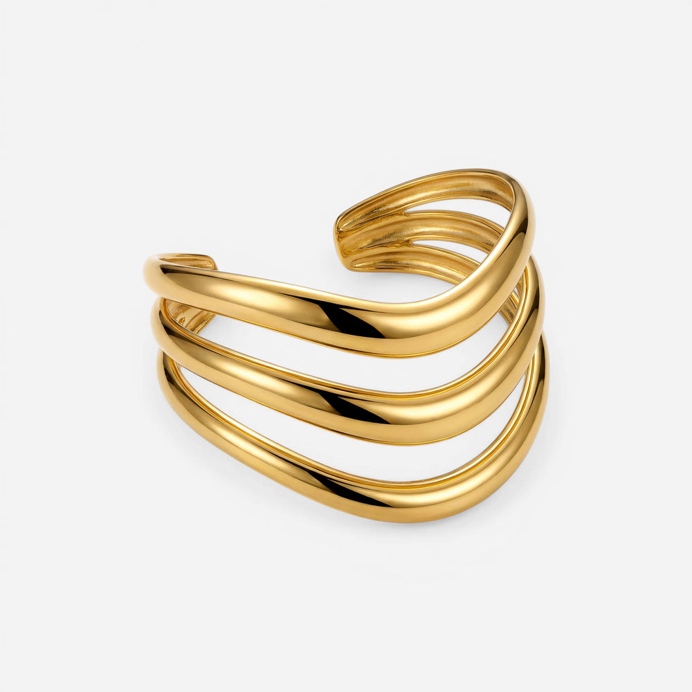 Triple layer wavy gold cuff bracelet waterproof stainless steel jewelry.