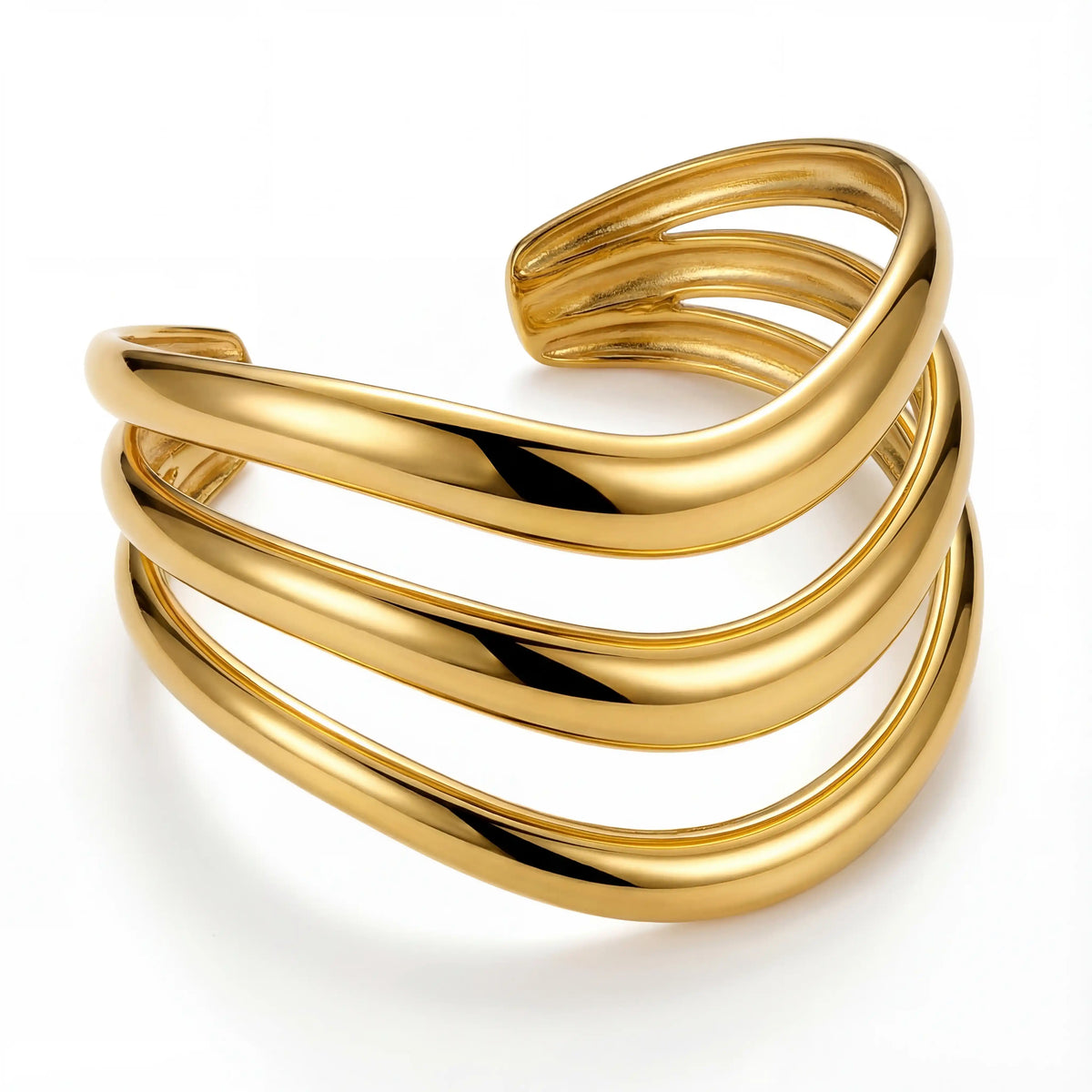 Triple layer wavy gold cuff bracelet waterproof stainless steel jewelry.