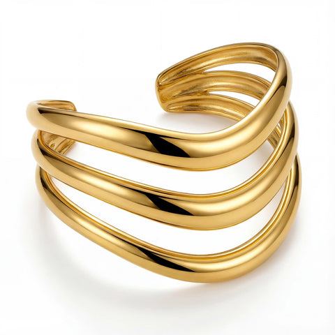 Triple layer wavy gold cuff bracelet waterproof stainless steel jewelry.