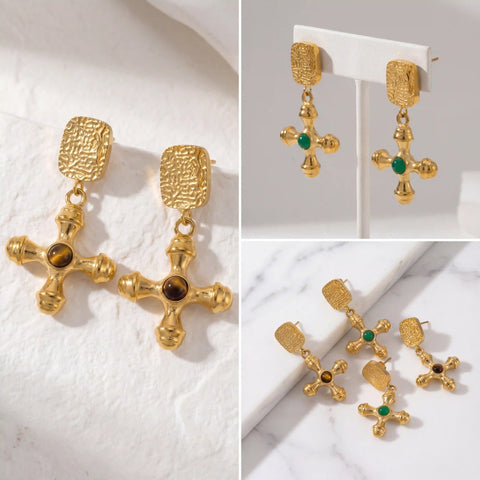 Aesthetic product photography collage of textured gold cross earrings on marble.
