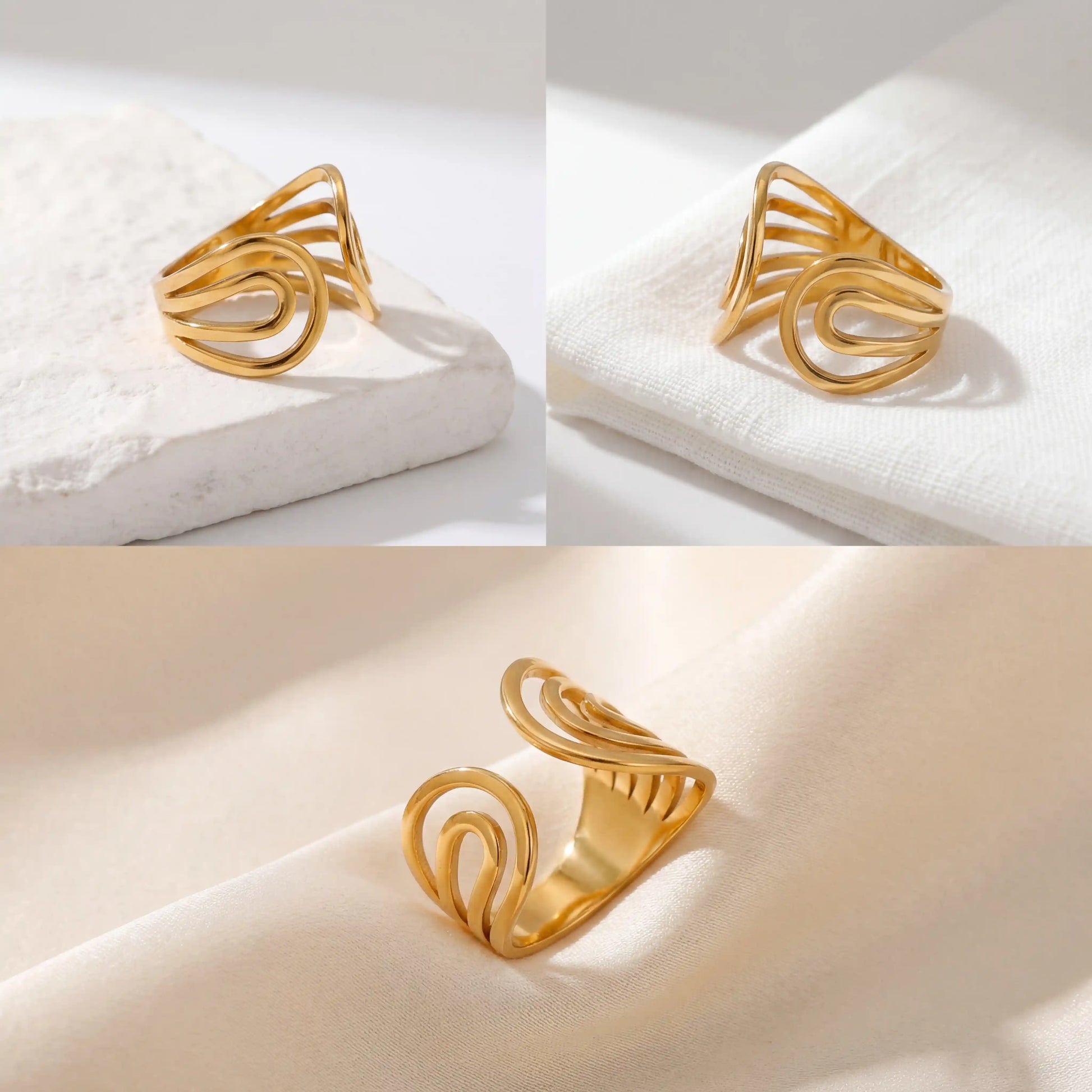 Aesthetic product photography of liquid gold statement ring on white stone background.
