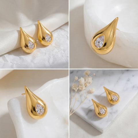Aesthetic product photography collage of gold puffy raindrop studs details.