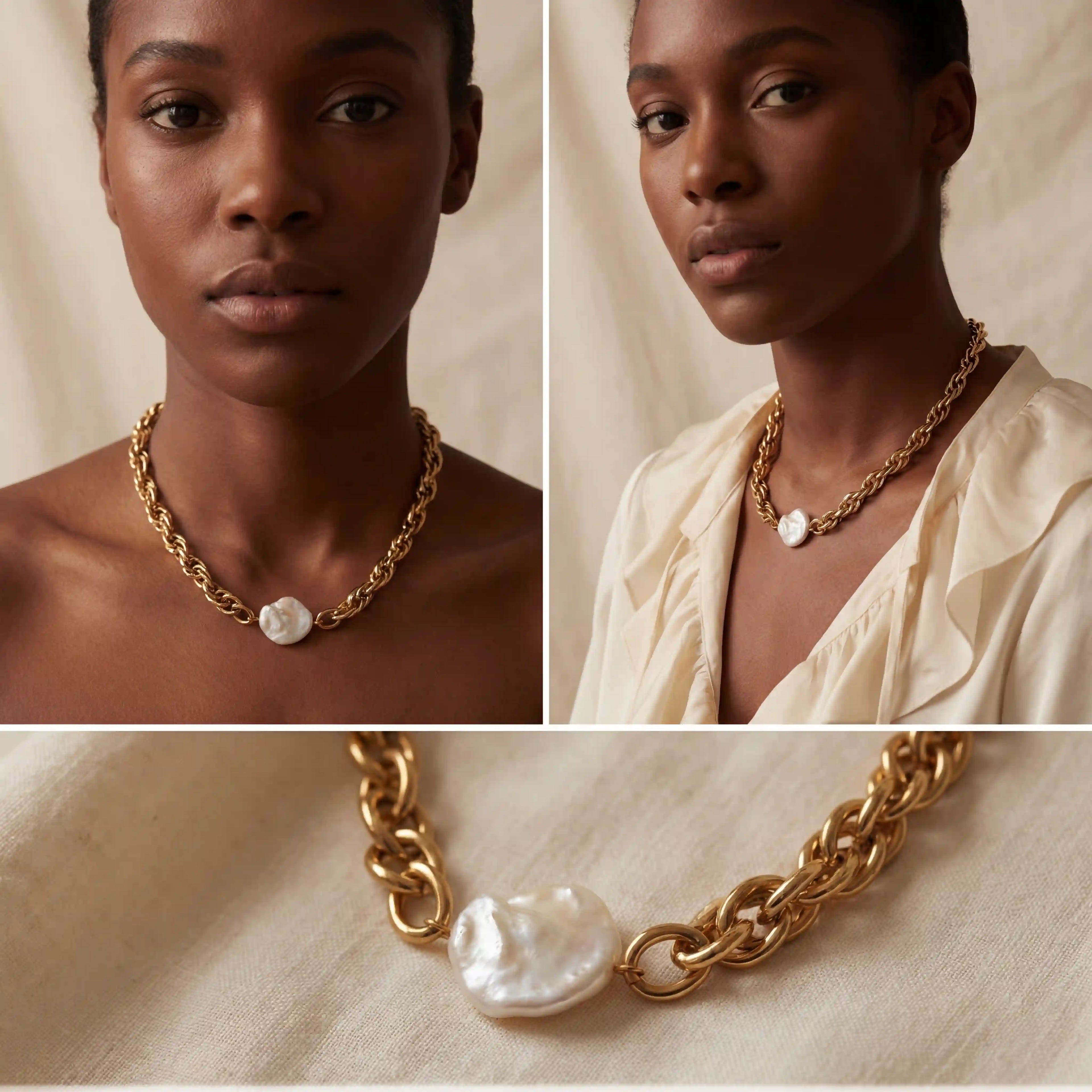 Model with dark skin wearing bold gold statement necklace with pearl detail old money aesthetic.