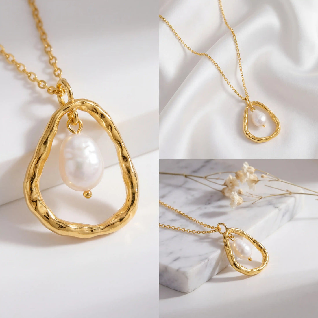 Aesthetic product photography of textured gold and pearl pendant necklace on white stone.