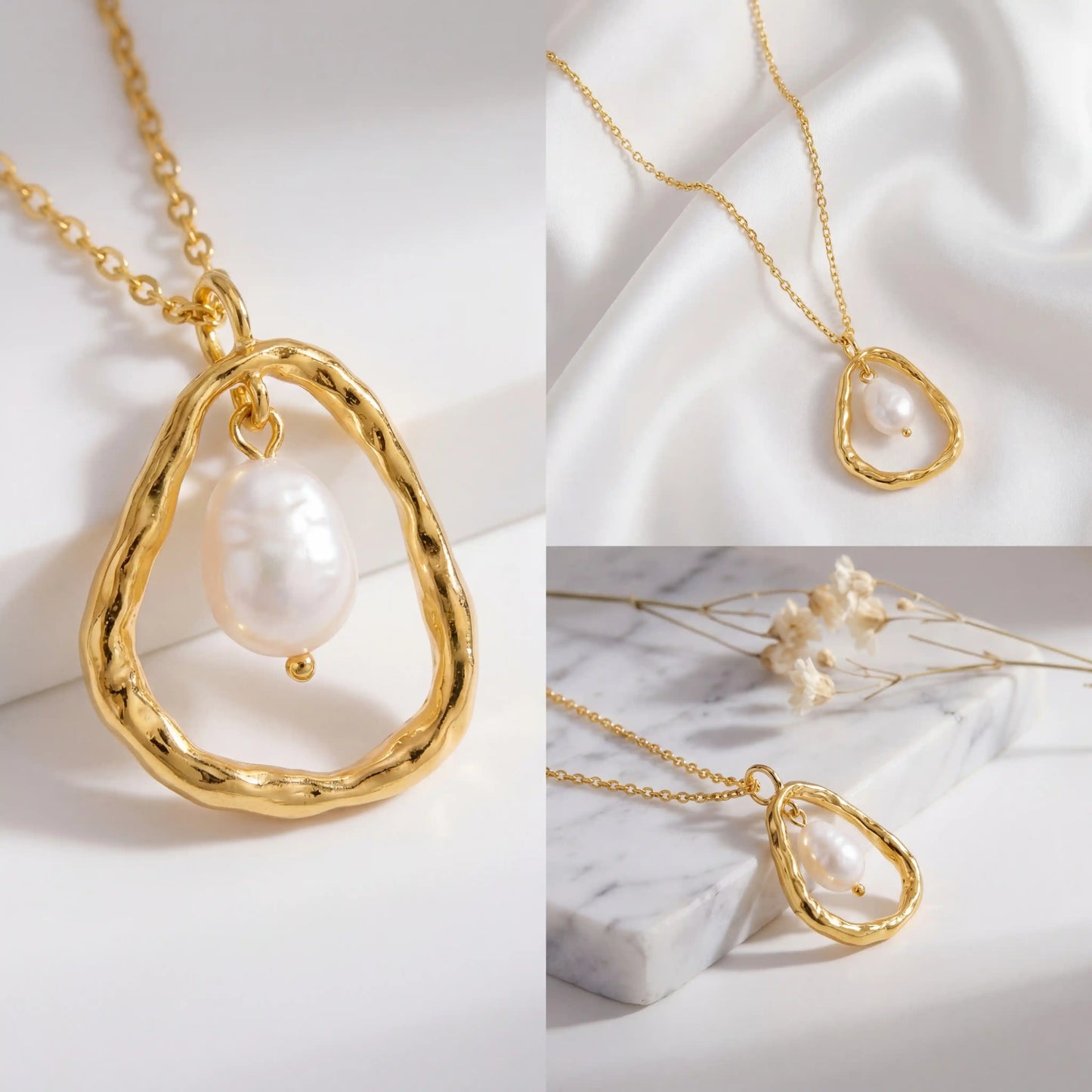 Aesthetic product photography of textured gold and pearl pendant necklace on white stone.