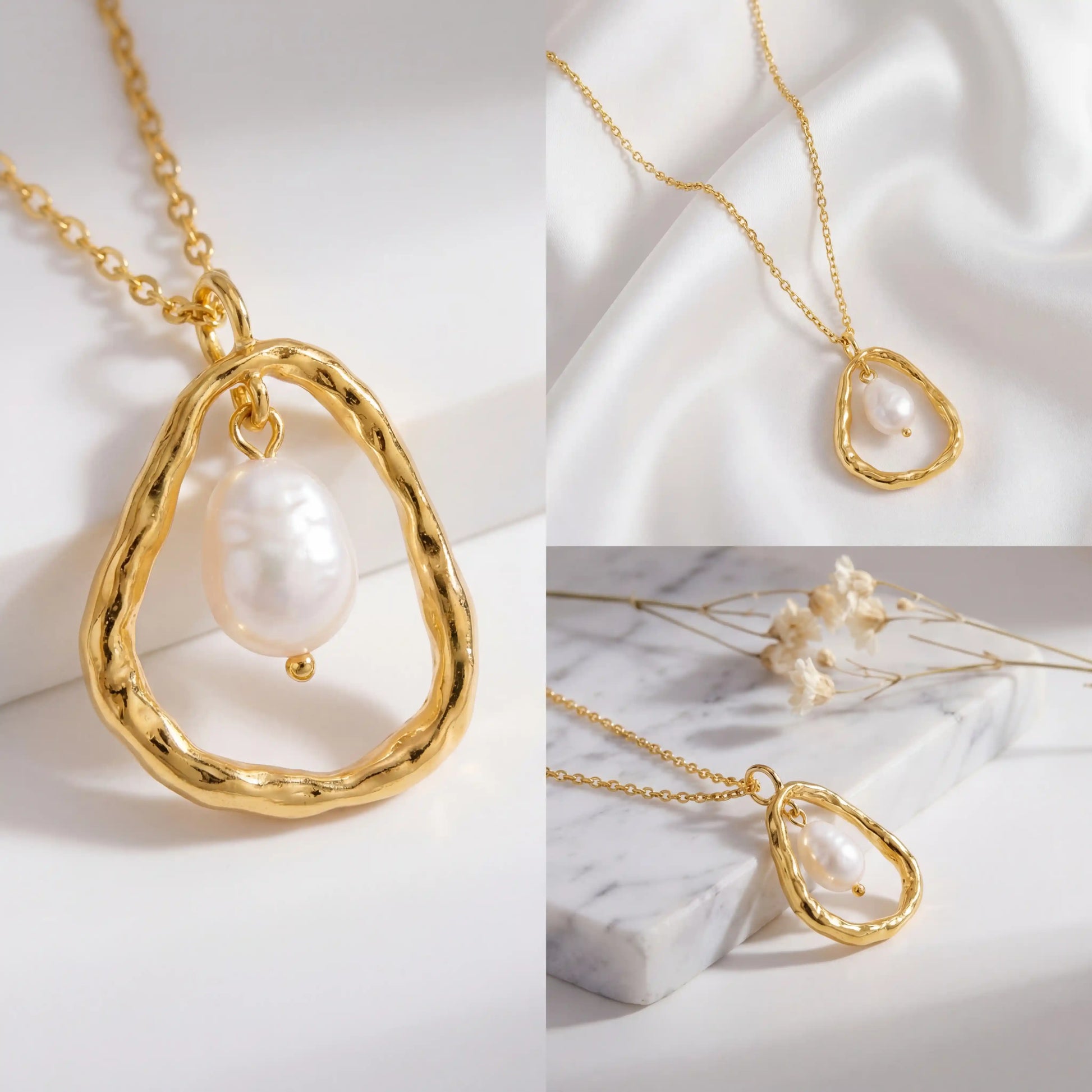 Aesthetic product photography of textured gold and pearl pendant necklace on white stone.