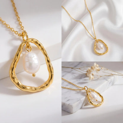 Aesthetic product photography of textured gold and pearl pendant necklace on white stone.