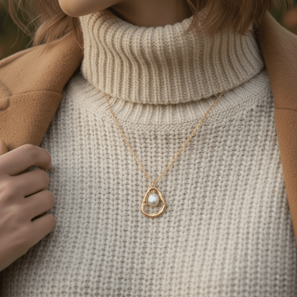 A model wearing a black, off-the-shoulder dress, with the dainty Luna Pearl necklace as the sole, elegant focal point on her décolletage. The shot showcases its timeless appeal for formal occasions