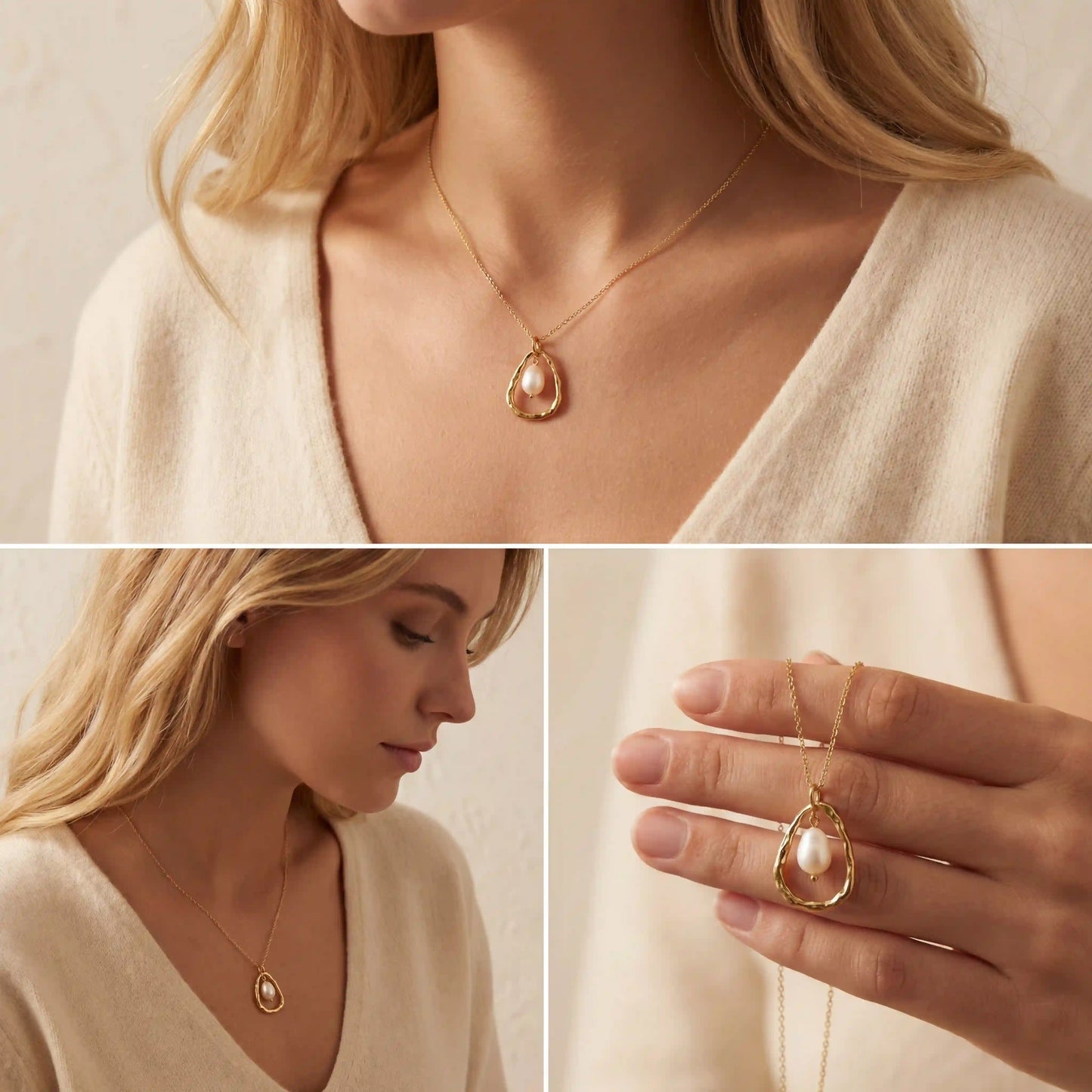 Lifestyle photography collage of woman styling elegant gold pearl drop necklace with cream top.