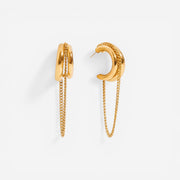 Pair of gold chunky C-hoop earrings with draped chain detail waterproof stainless steel.