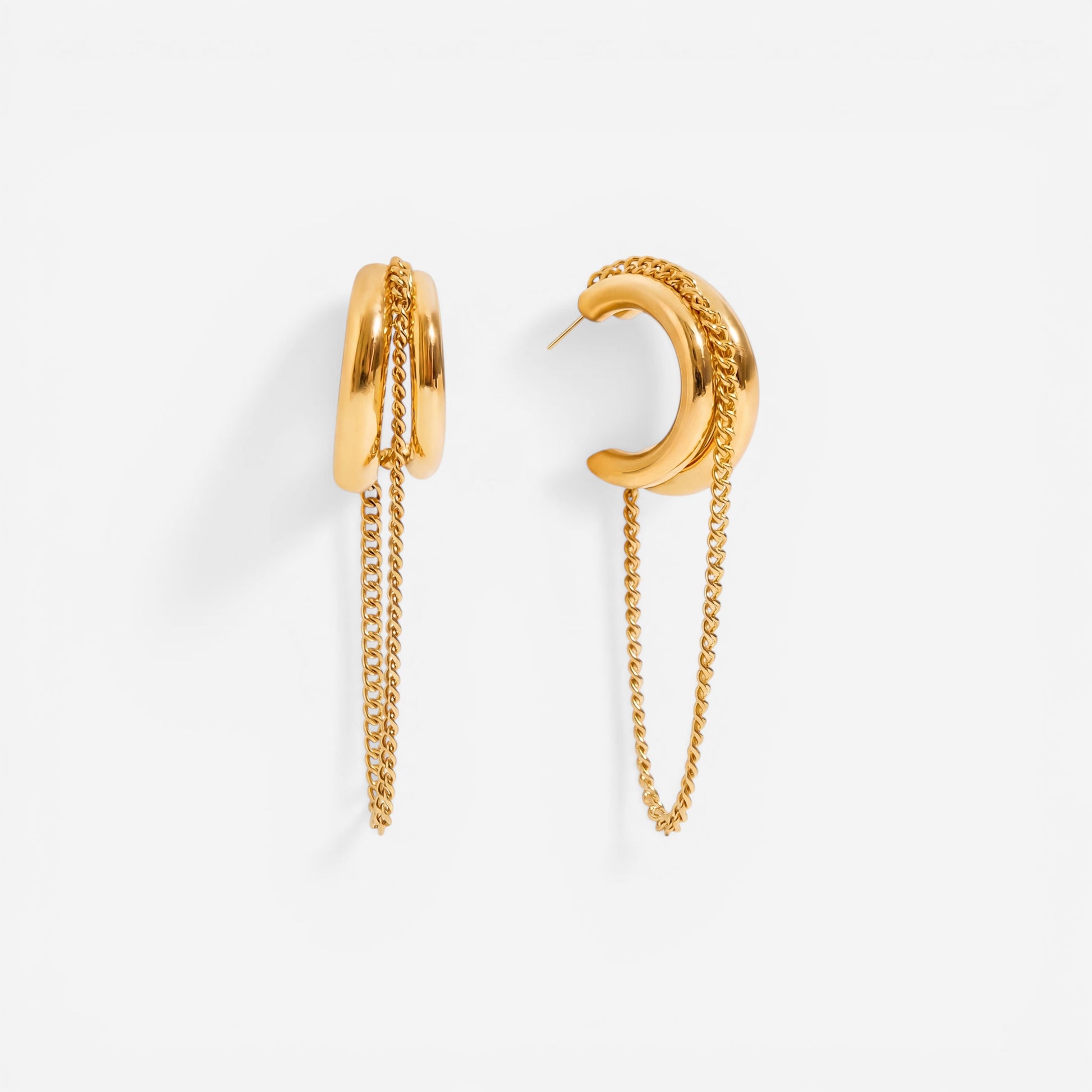 Pair of gold chunky C-hoop earrings with draped chain detail waterproof stainless steel.