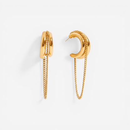 Pair of gold chunky C-hoop earrings with draped chain detail waterproof stainless steel.