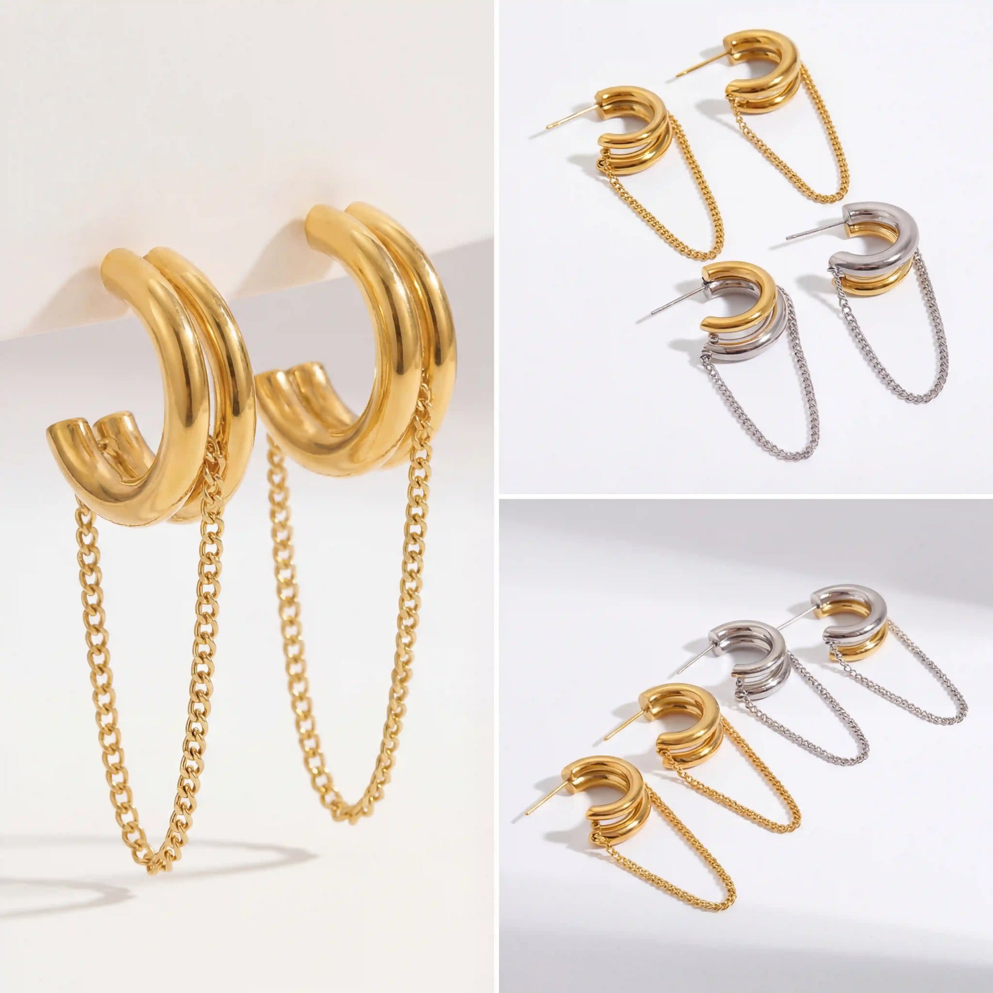 Product photography collection of luxe layered chain hoops in gold silver and two-tone mixed metal.
