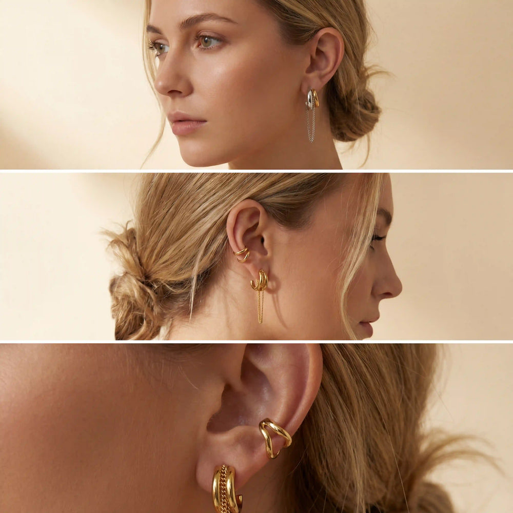 Lifestyle photography collage of blonde woman styling gold and silver layered chain hoops.