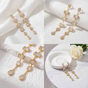 Aesthetic product photography collage of sparkling gold crystal drop earrings for wedding.