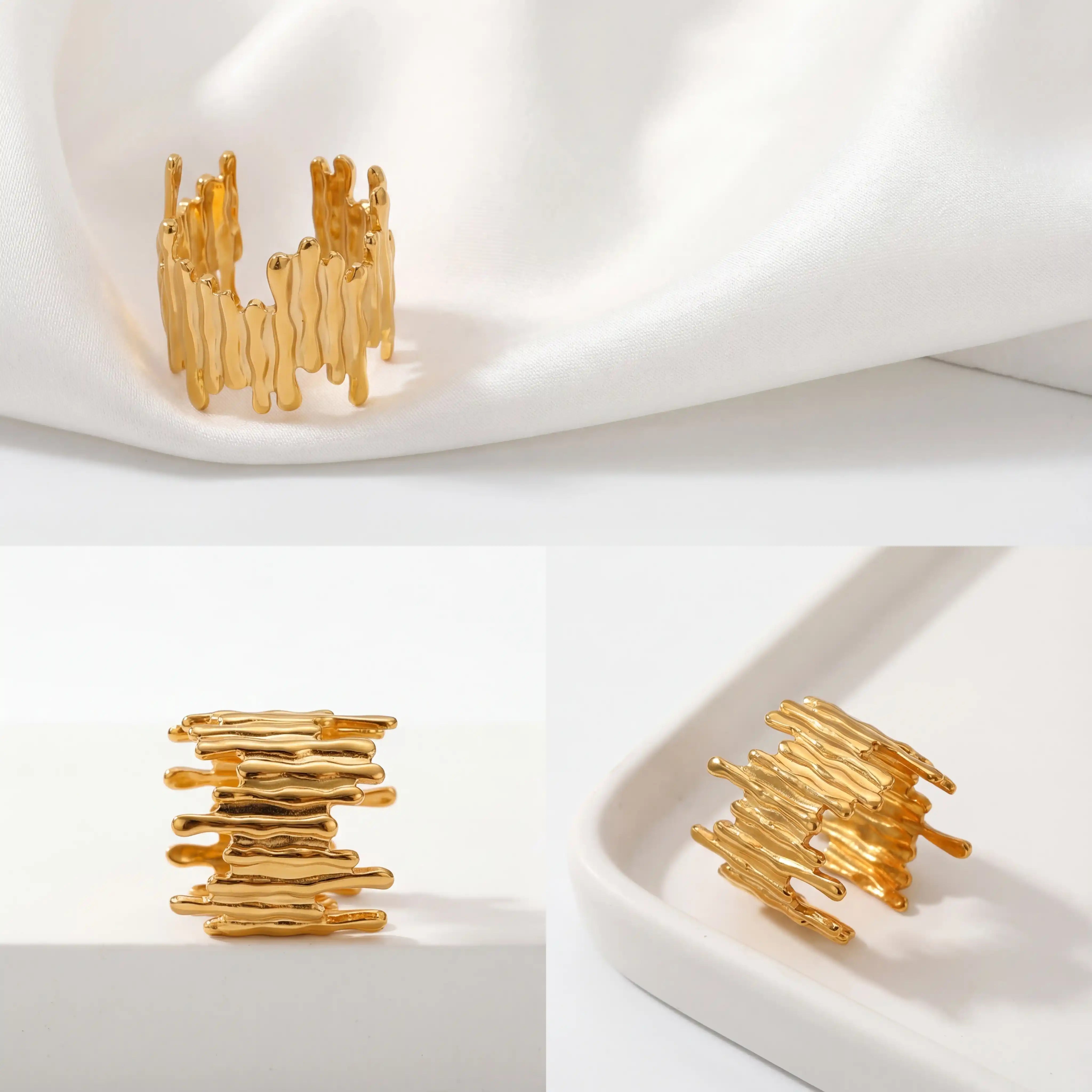 Aesthetic product photography collage of raw texture gold ring details.