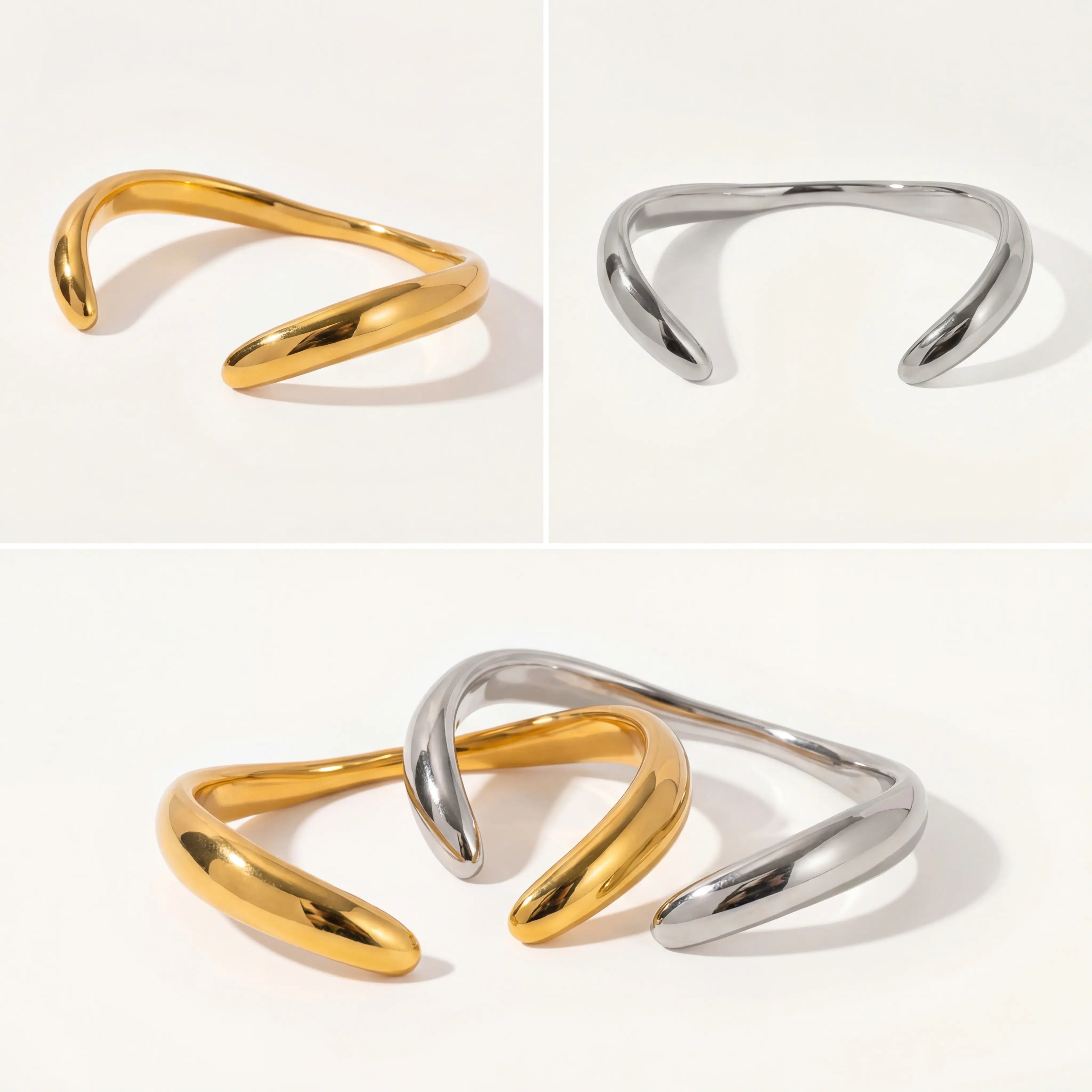 Aesthetic product photography of gold and silver liquid wave bangles on white background.