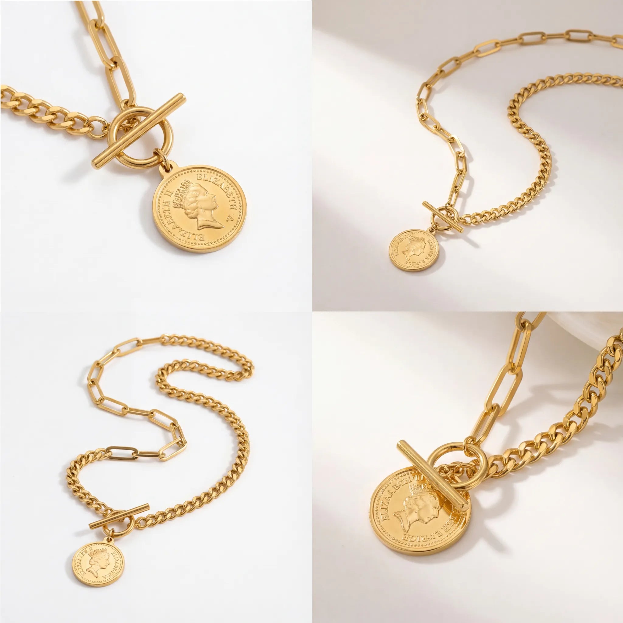 Aesthetic product photography of waterproof gold toggle necklace flat lay on stone.