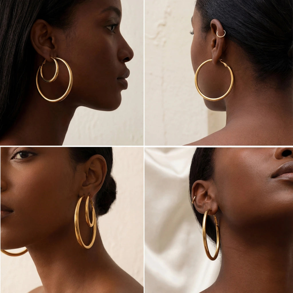 Dark skin model styling large gold hoop earrings classic look.