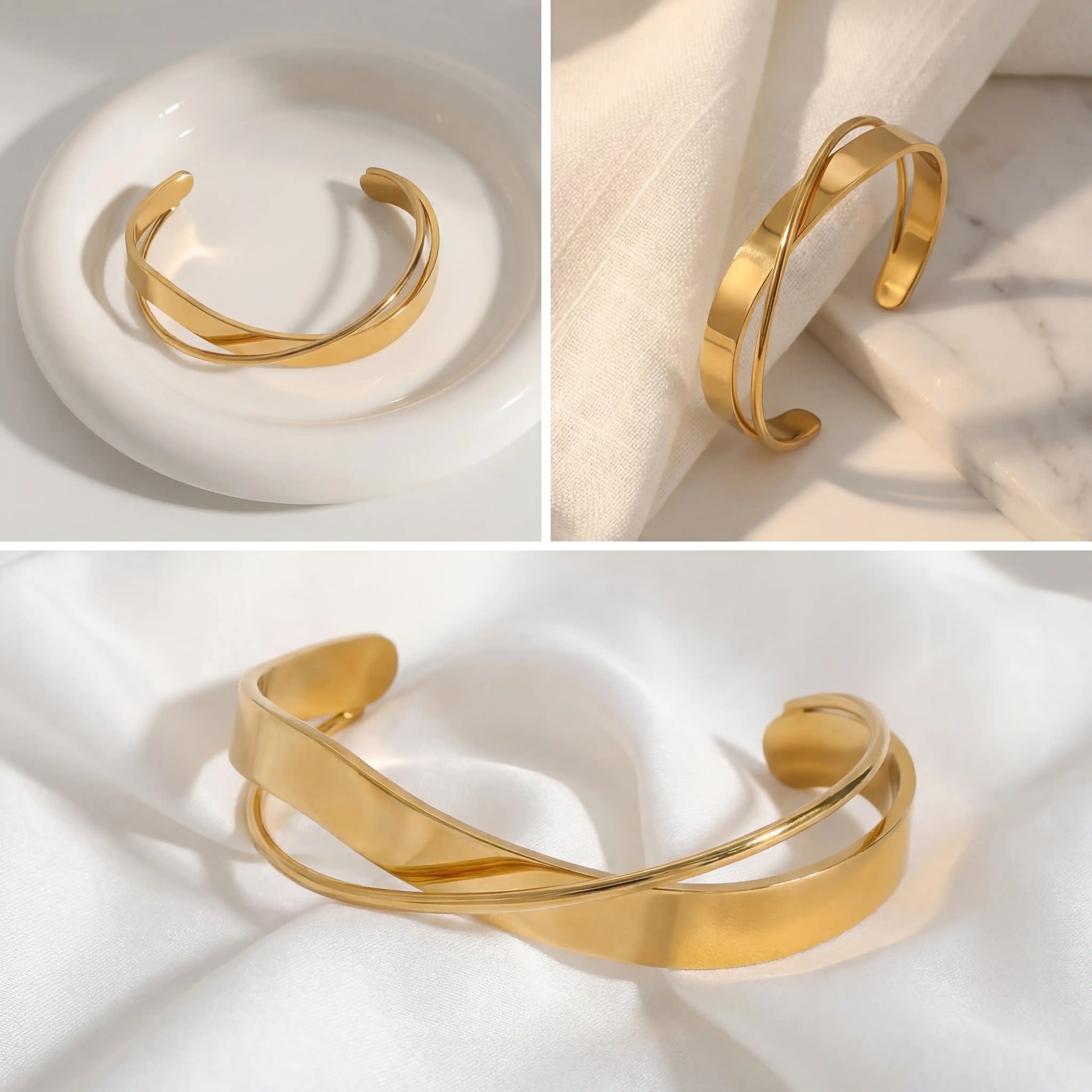 Aesthetic product photography collage of gold intertwined cuff on silk and white dish.