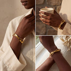 Fashion photography collage of gold statement bangle on dark skin model lifestyle.