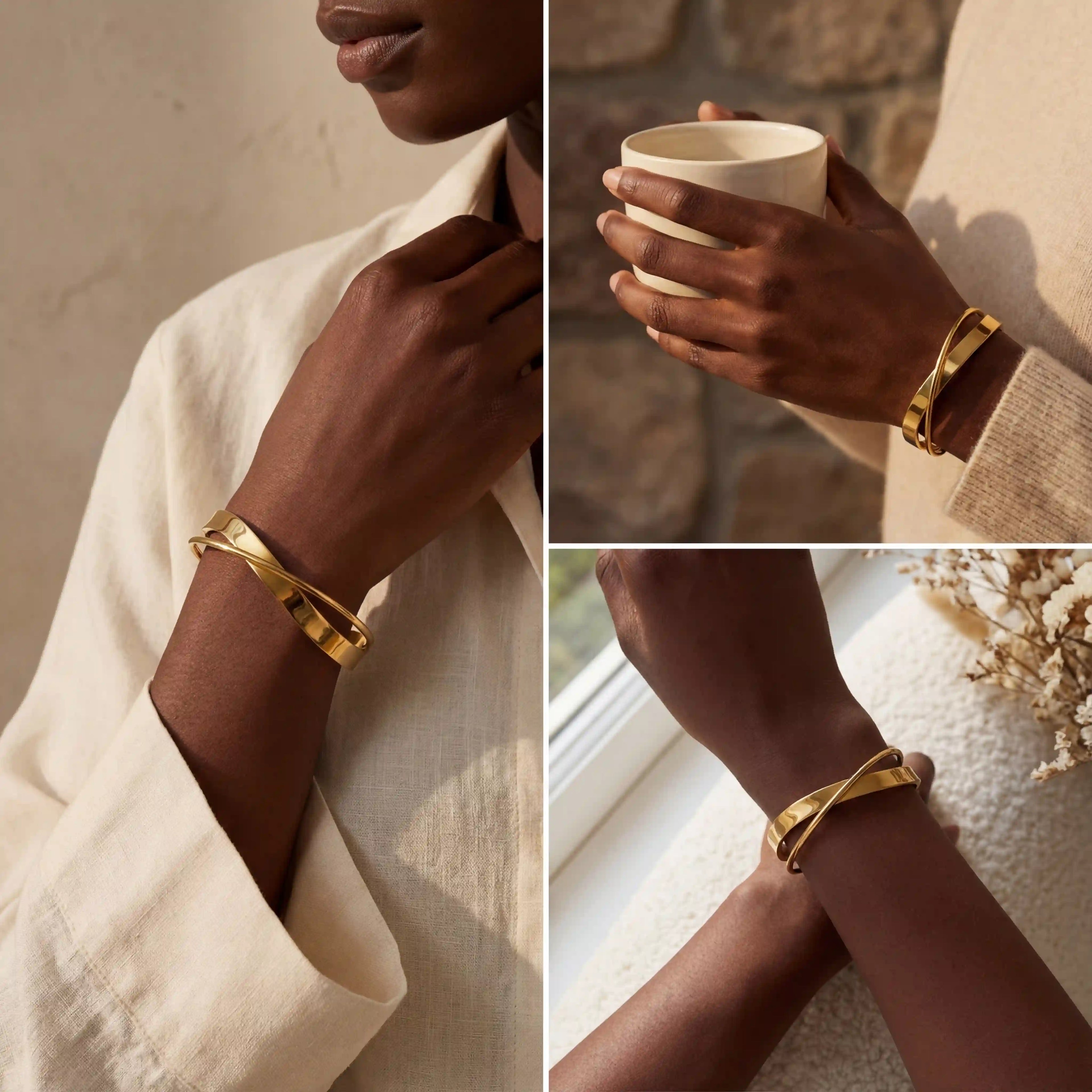 Fashion photography collage of gold statement bangle on dark skin model lifestyle.