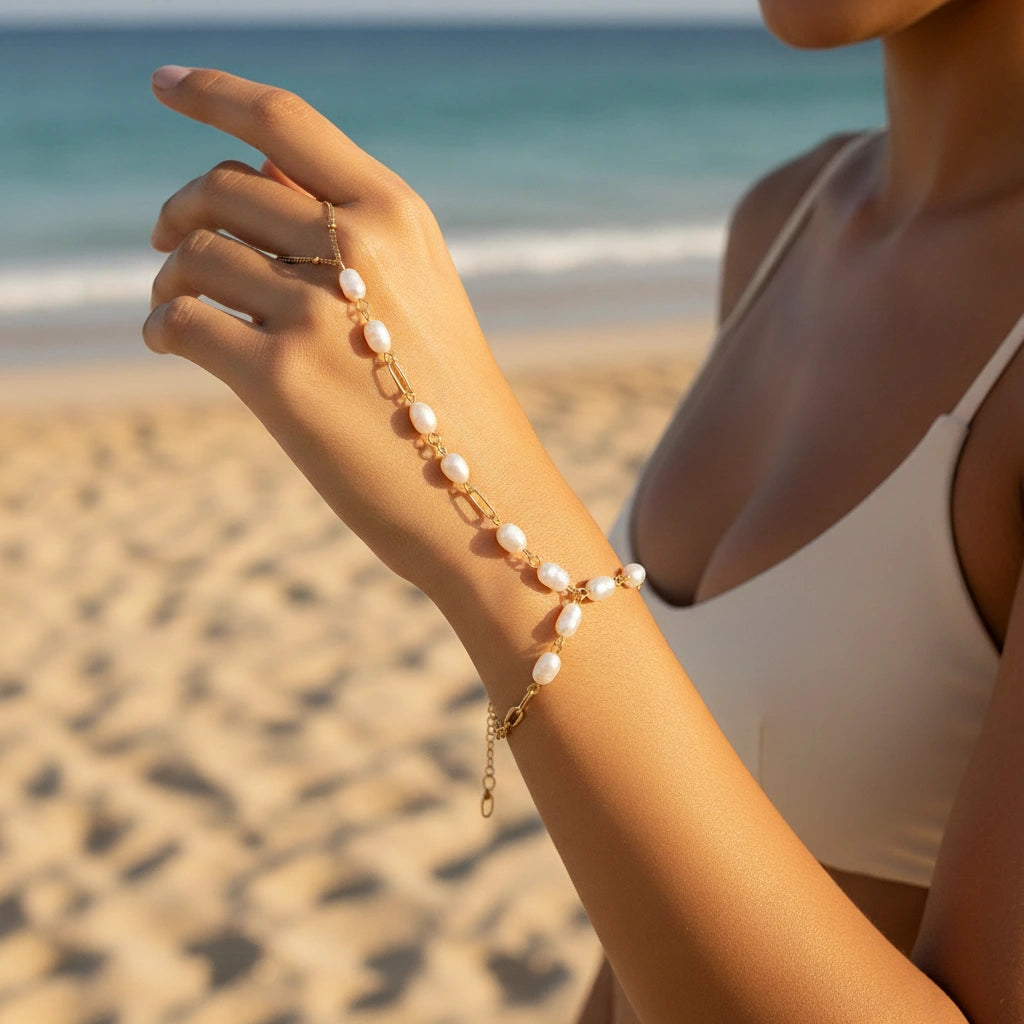 A model on a sunny beach wearing The Nereid Hand Chain, embodying the perfect waterproof accessory for a summer goddess or bohemian bride.
