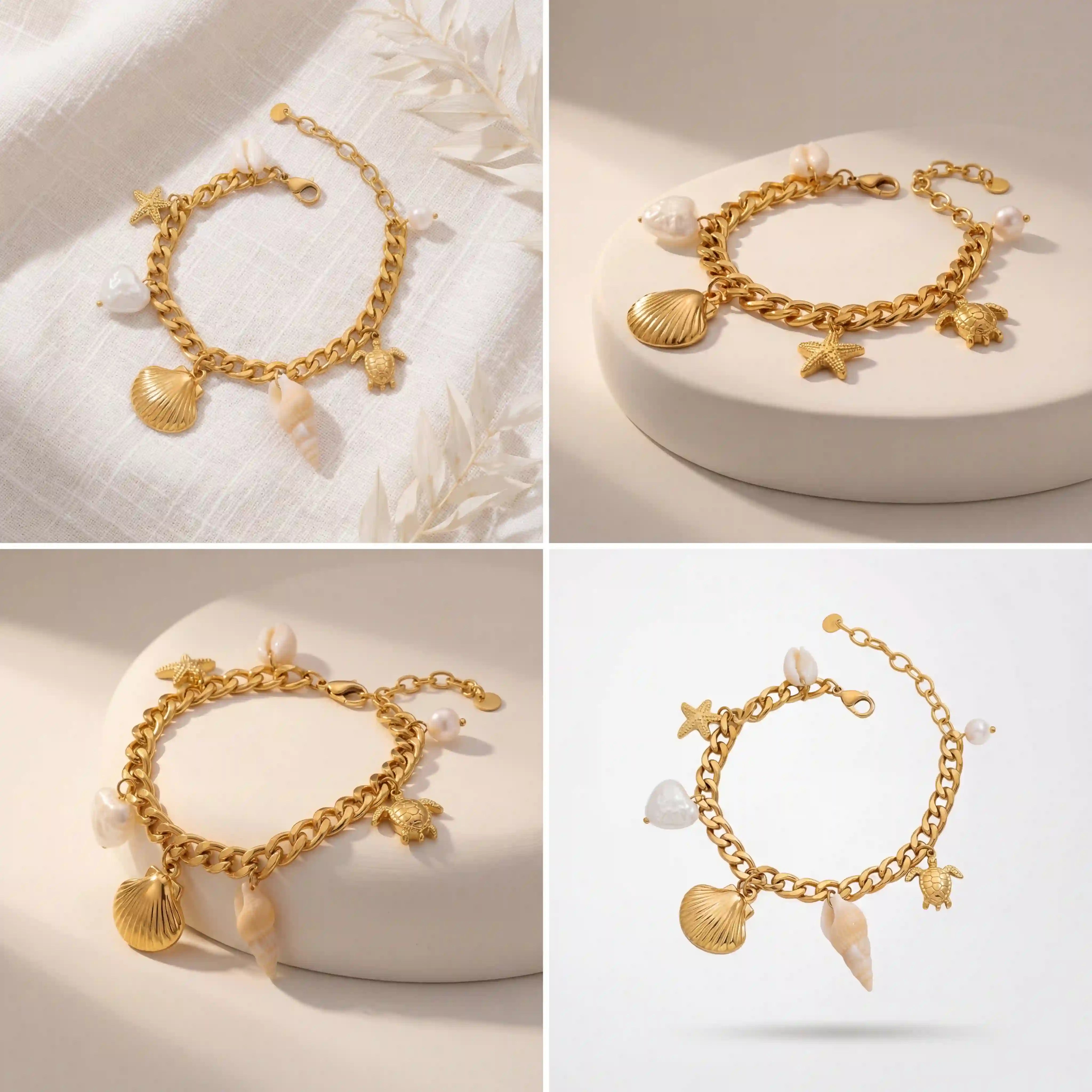 Aesthetic product photography collage of gold sea themed charm bracelet on sand texture.