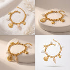 Aesthetic product photography collage of gold sea themed charm bracelet on sand texture.