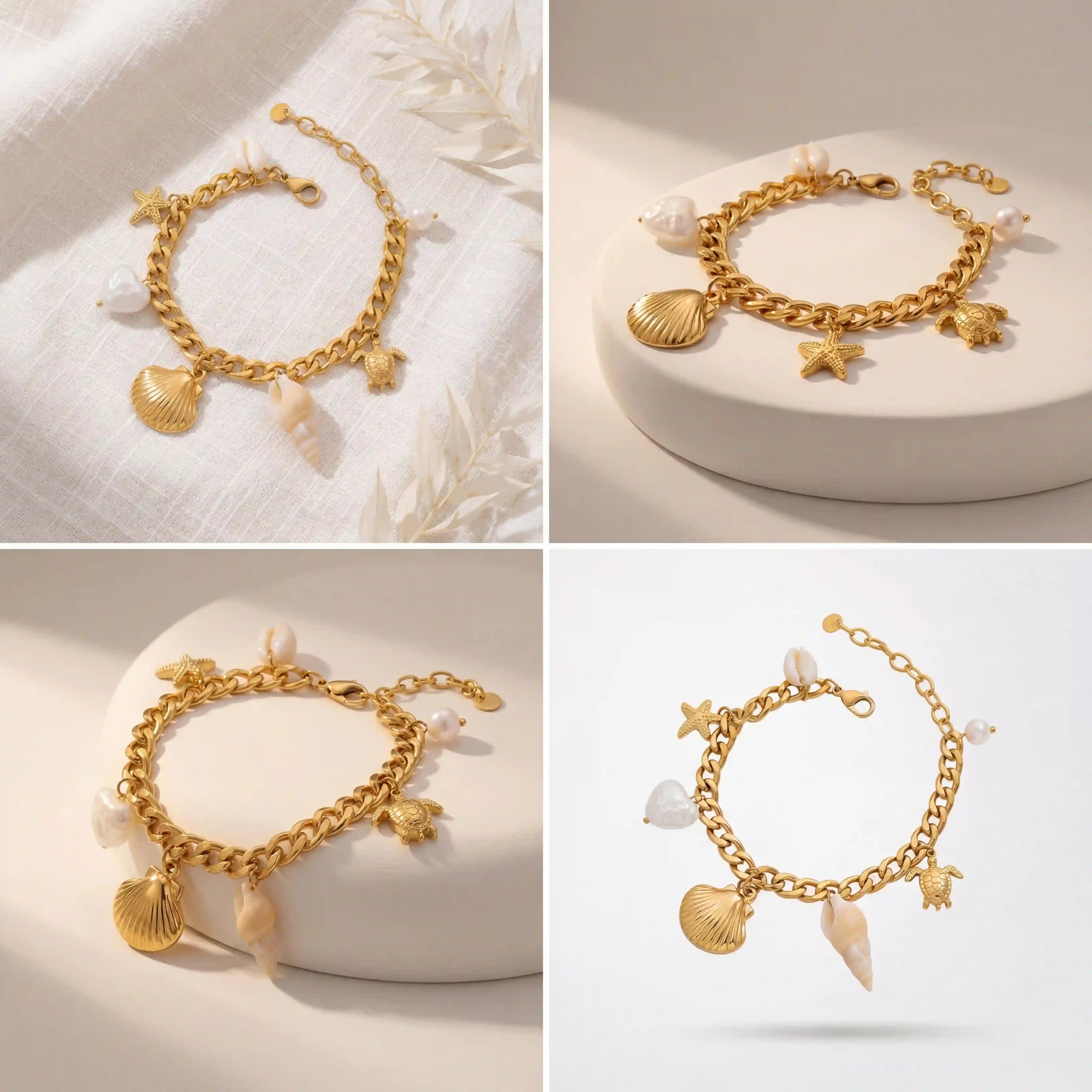 Aesthetic product photography collage of gold sea themed charm bracelet on sand texture.