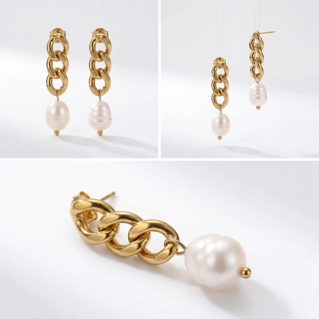 Aesthetic product photography details of gold chain link pearl earrings on white background.